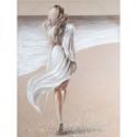 Obraz ręcznie malowany kobieta na plaży 90X120 biały + beżowy