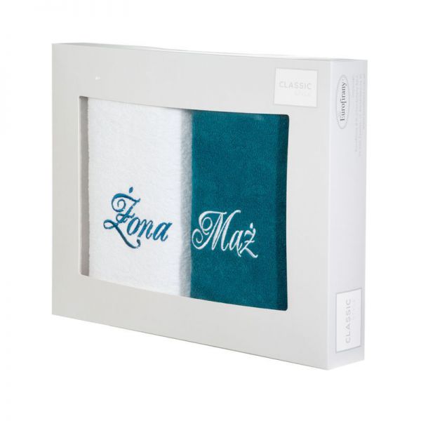 Komplet ręczników w pudełku Mąż i Żona 70x140 biały + ciemny turkusowy