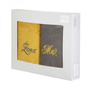 Komplet ręczników w pudełku Mąż i Żona 70x140 stalowy + musztardowy