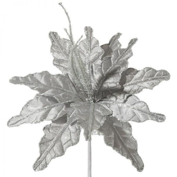 Sztuczny kwiat dekoracyjny z welwetu z brokatem 22 cm srebrny x12