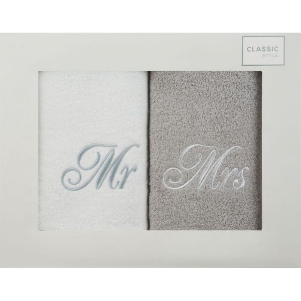 Komplet ręczników w pudełku Mr i Mrs 50x90 biały + popielaty