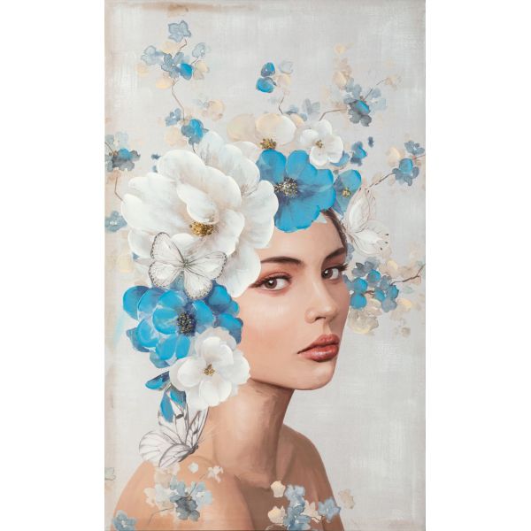 Obraz na płótnie kobieta z fryzurą KWIATY 60X100 biały + niebieski