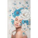 Obraz ręcznie malowany kobieta z fryzurą KWIATY 60X100 biały + niebieski