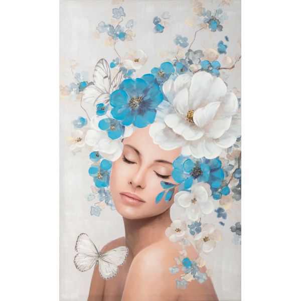 Obraz ręcznie malowany kobieta z fryzurą KWIATY 60X100 biały + niebieski