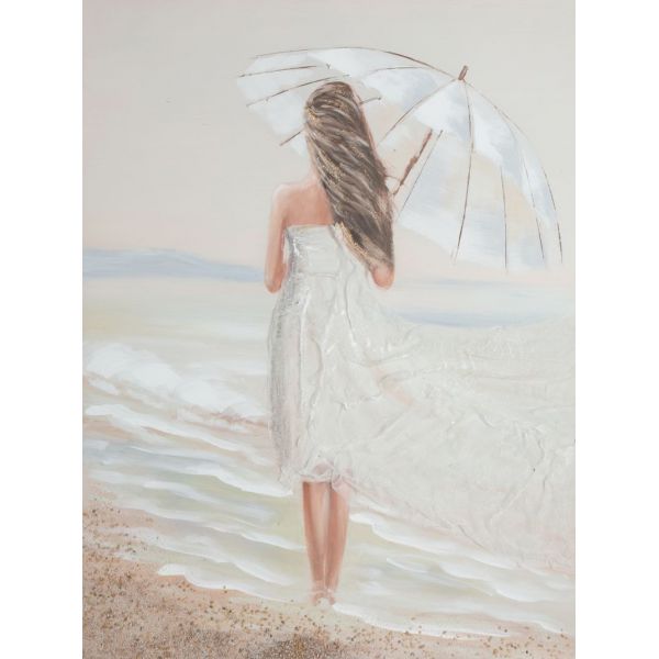 Obraz ręcznie malowany z elementami 3D Kobieta z parasolem 60X80 beżowy