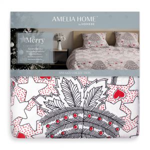 AmeliaHome Pościel świąteczna bawełna MERRY 155x220 + 80x80*1 szara + różowa