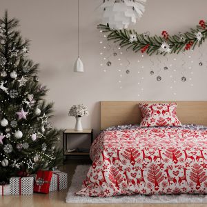 AmeliaHome Pościel świąteczna bawełna RUDOLPH 160x200 + 70x80*2 czerwona + biała
