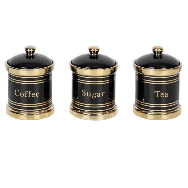 Komplet pojemników na kawę, herbatę i cukier 12X12X183 czarny + złoty