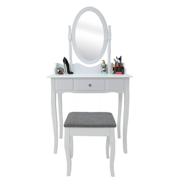 Toaletka kosmetyczna z ruchomym lustrem i stołkiem 146x76 biała