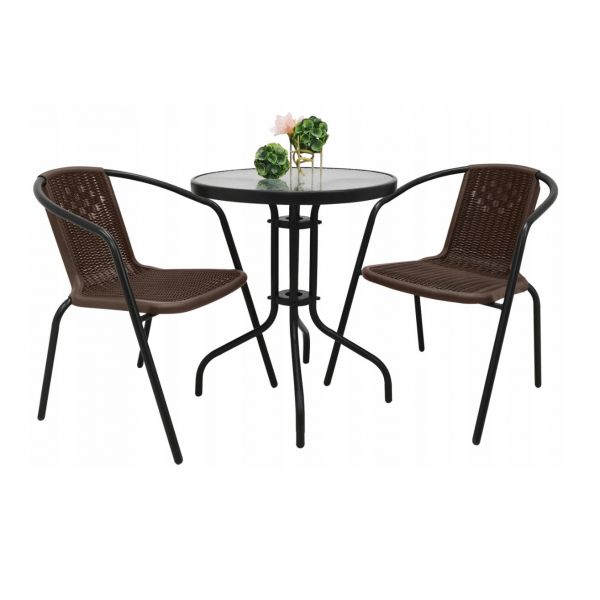 Zestaw ogrodowy kawowy na taras dla 2 osób stół fi60 i krzesła brązowy