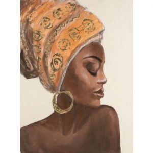 Obraz ręcznie malowany ciemna kobieta w turbanie 60X80 brązowy+pomrańczowy