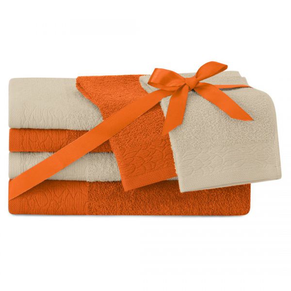 AmeliaHome Komplet ręczników bawełnianych Flos 2*30x50 + 2*50x90 + 2*70x130 rudy + beżowy