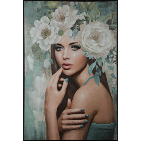 Obraz ręcznie malowany z ramą kobieta 80X120 turkusowy