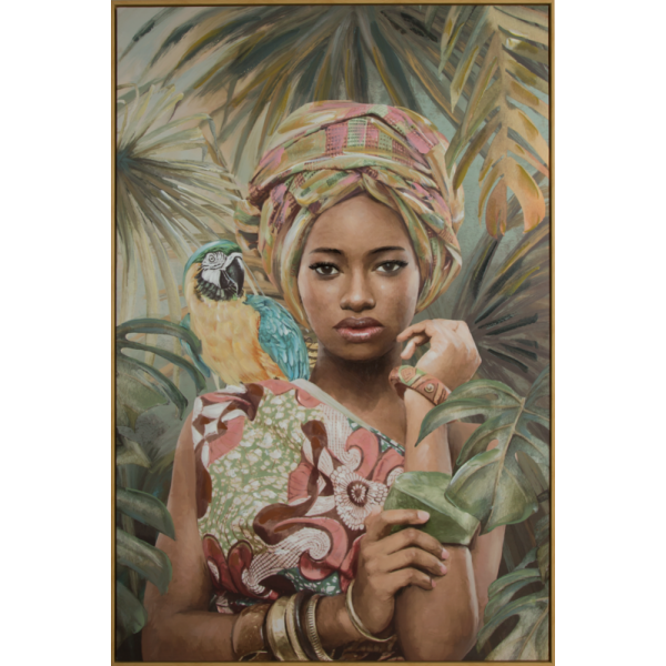 Obraz ręcznie malowany afrykańska kobieta z papugą 80X120 wielokolorowy
