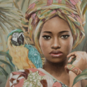 Obraz ręcznie malowany afrykańska kobieta z papugą 80X120 wielokolorowy