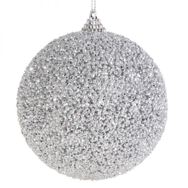Bombka świąteczna plastikowa choinkowa zdobiona brokatem 10cm srebrna x4