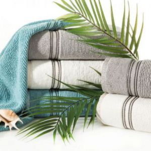 Ręcznik w prążki z ozdobną bordiurą bawełna FILON 70X140 kremowy