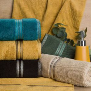 Ręcznik w prążki z ozdobną bordiurą bawełna FILON 70X140 stalowy