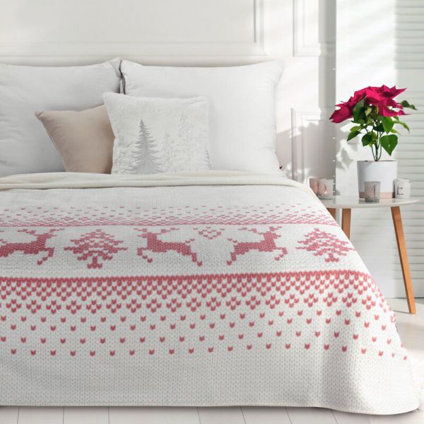 Narzuta na łóżko świąteczna renifery NOEL 200X220 biała+czerwona