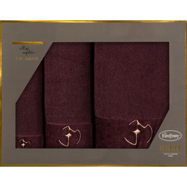 Komplet ręczników bawełnianych z welurową bordiurą i haftem Eva Minge x 3 bordowe