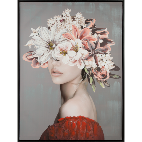 Obraz ręcznie malowany portret w kwiatach 60X80 szary