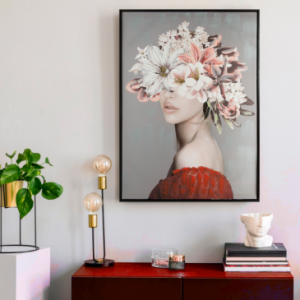 Obraz ręcznie malowany portret w kwiatach 60X80 szary