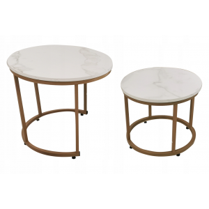 Stoliki kawowe okrągłe zestaw stolików loft fi 53x45, fi 43x35 złoty + marmur