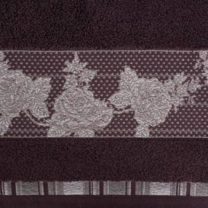 Ręcznik bawełniany z żakardową bordiurą w kwiaty ISABEL 70X140 ciemnofioletowy