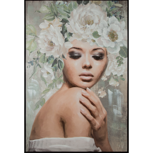 Obraz ręcznie malowany kobieta kwiaty 80X120 popielaty+beżowy