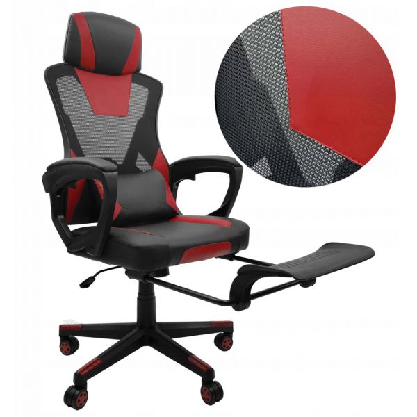 Fotel biurowy gamingowy obrotowy dla graczy KG100 + podnóżek czerwony + czarny