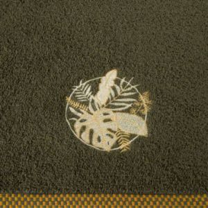 Ręcznik bawełniany z haftem i ozdobną bordiurą PALM 70X140 oliwkowy