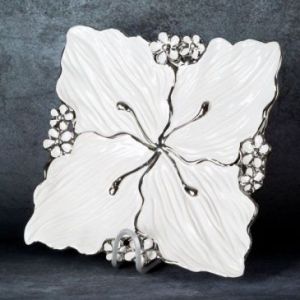 Patera ceramiczna kwadratowa kwiat SIENA 28X28X3 biała+srebrna